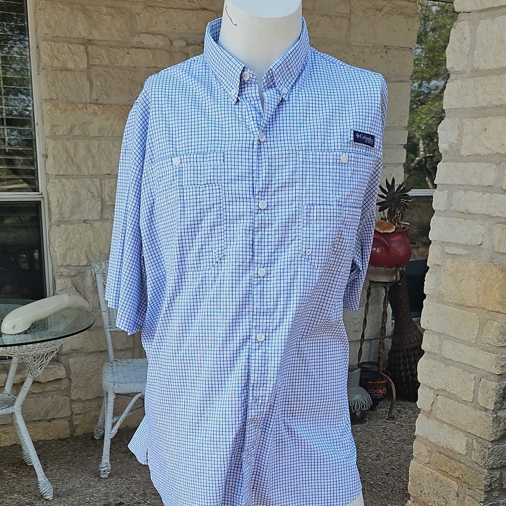 Columbia PFG Shirt Blue Gingham Super Tamiami Outdoors Vented Fish XXL 2TG
